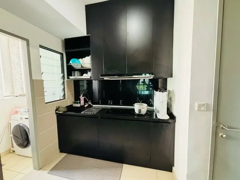 Kitchen features: black cabinetry, stainless-steel sink, built-in stove, black countertop, wall-mounted range hood, open shelving, dish rack, white kettle, washing machine, tile flooring; style: modern.