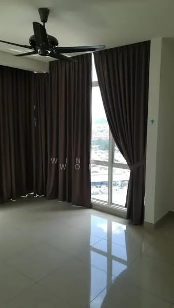 Room features: floor-to-ceiling windows, brown curtains, 5-blade ceiling fan, glossy tile flooring, neutral wall colour, city view; style: modern; view: city.