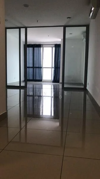 Room features: glossy tile flooring, white painted walls, floor-to-ceiling windows, blackout curtains, air conditioning unit, glass partition, recessed lighting; style: modern; view: city.