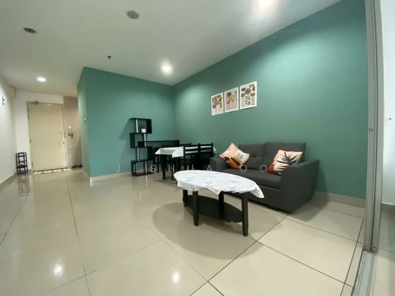 Living features: grey fabric sofa, 2-seater sofa, white coffee table, black dining table, 4 black dining chairs, green accent wall, cream tiled flooring, framed artwork on wall, recessed ceiling lights; style: modern.
