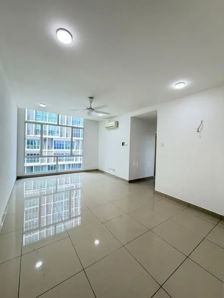 Living features: white painted walls, glossy ceramic tile flooring, recessed LED downlights, 5-blade ceiling fan, floor-to-ceiling windows, air conditioning unit, neutral color scheme, open layout; style: modern; view: city.