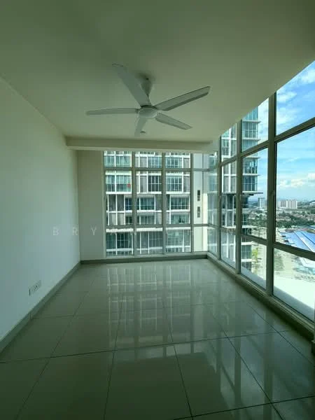 Room features: white painted walls, glossy ceramic tile flooring, 5-blade ceiling fan, floor-to-ceiling windows, city view, natural light, neutral color scheme; style: modern; view: city.