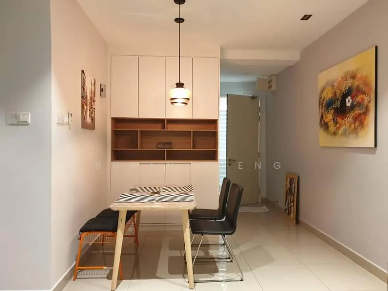 Dining features: white painted walls, light grey accent wall, tile flooring, dining table with black and white striped pattern, two black dining chairs, wooden sideboard with open shelving, pendant light fixture, framed artwork on wall, doorway leading to another room; style: modern.