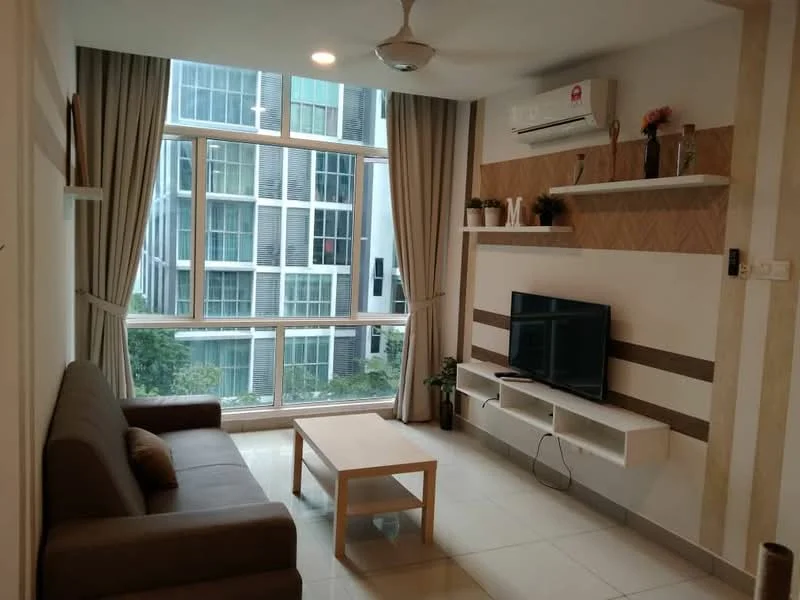 Living features: 3-seater fabric sofa in brown, coffee table with wooden legs, wall-mounted TV, white TV console, shelves with decorative items, floor-to-ceiling windows, curtains in light beige, air conditioning unit, recessed downlights, light-colored tiled flooring, accent wall with wood paneling; style: modern; view: garden.