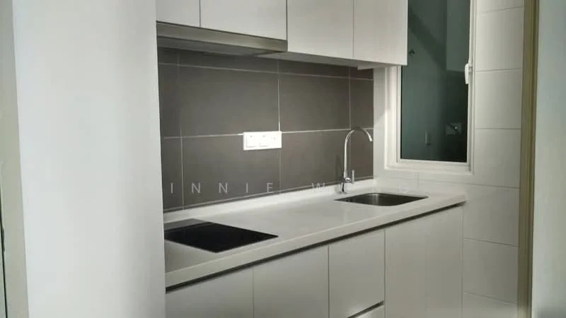 Kitchen features: white cabinetry, grey tiled backsplash, white countertop, double-bowl stainless-steel sink, chrome pull-down faucet, built-in stove, wall-mounted cabinets, window with view, recessed lighting; style: modern.
