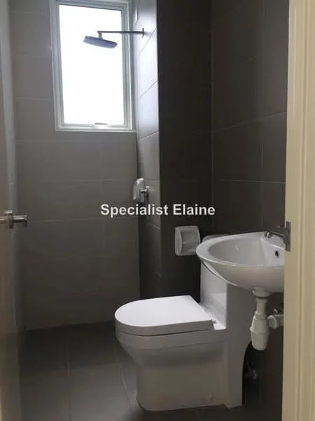 Bathroom features: white one-piece toilet, chrome basin mixer faucet, wall-mounted toilet paper holder, shower head with wall mount, grey tiled walls, light grey floor tiles, window for natural light; style: modern.