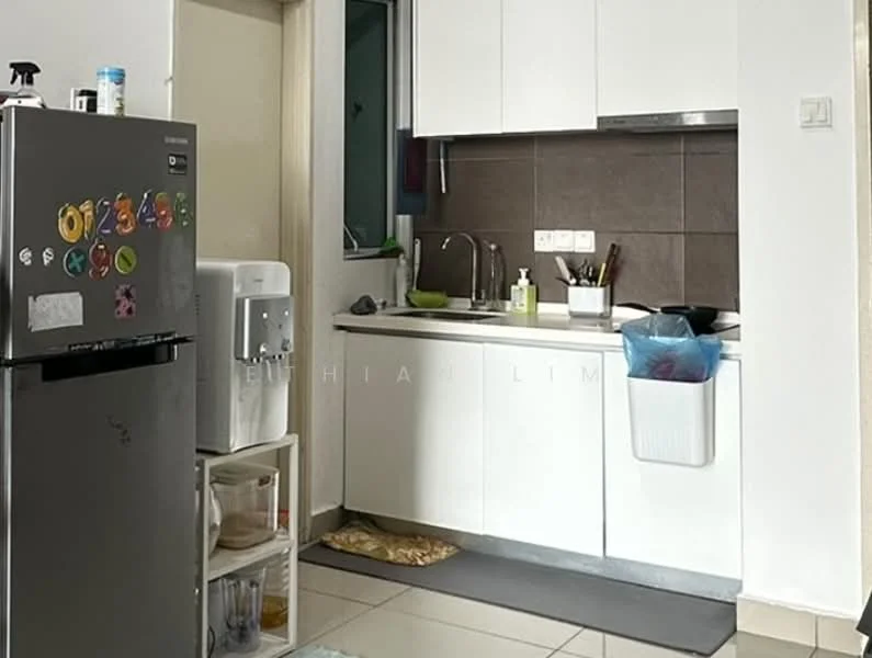 Kitchen features: stainless-steel fridge, white cabinetry, grey tiled backsplash, single-bowl stainless-steel sink, chrome pull-down faucet, countertop with under-mount sink, water dispenser, ceramic tile flooring, window above sink, kitchen mat, open shelving, kitchen utensils on countertop; style: modern.