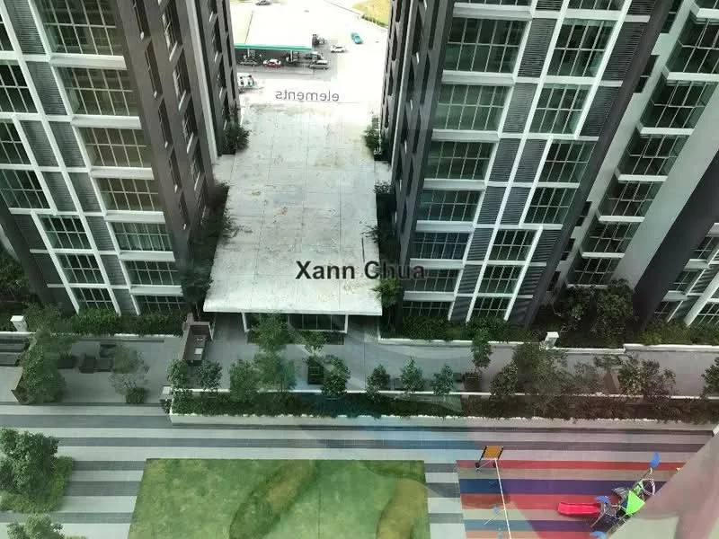 Exterior type: high-rise condominium; features: glass curtain wall, concrete facade, covered entrance, manicured lawn, landscaped garden, children's playground, paved walkway, parking area; style: modern.