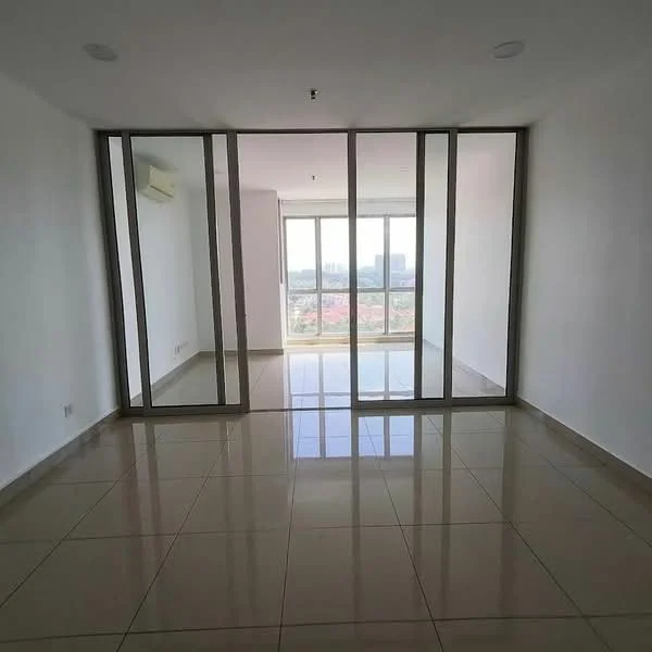 Room features: white painted walls, glossy ceramic tile flooring, floor-to-ceiling windows, glass partition, 1 wall-mounted split AC, natural light from windows, city view visible through windows; style: modern; view: city.