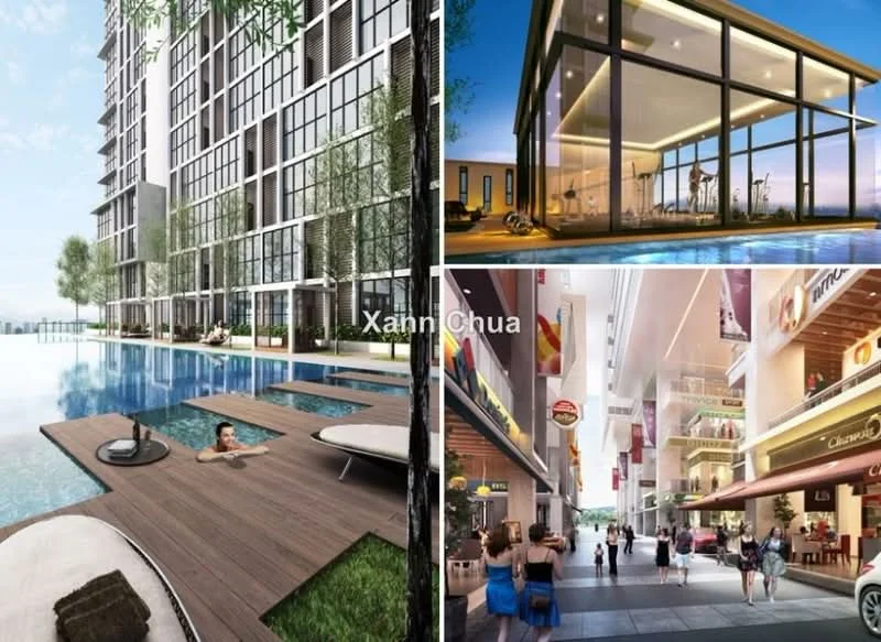 Exterior type: high-rise condominium; features: infinity pool with poolside loungers, landscape garden with trees, glass curtain wall facade, gym facility with large windows, outdoor dining area, modern architectural design, manicured lawn, water feature, commercial area with retail shops, open-air walkway, surrounded by urban skyline; style: modern.