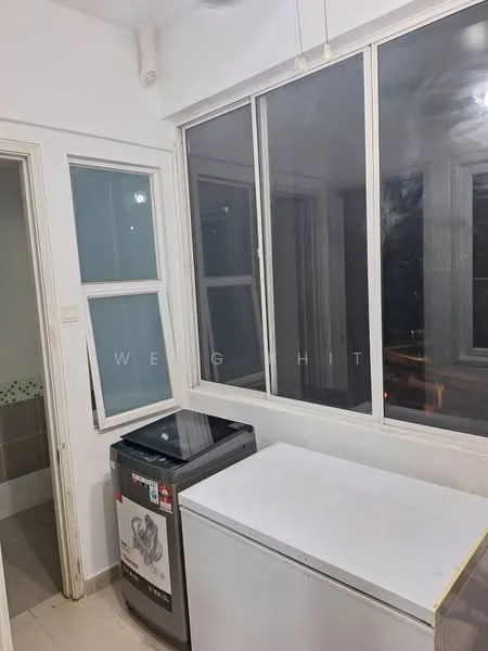 Laundry features: white walls, tile flooring, large windows, washing machine, chest freezer, white countertop, light fixtures, curtains; style: modern.