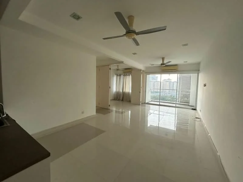 Living features: white painted walls, glossy marble tile flooring, 5-blade ceiling fan with light, floor-to-ceiling windows, sliding glass door, curtains, built-in wardrobe, natural light, open layout; style: modern; view: garden.