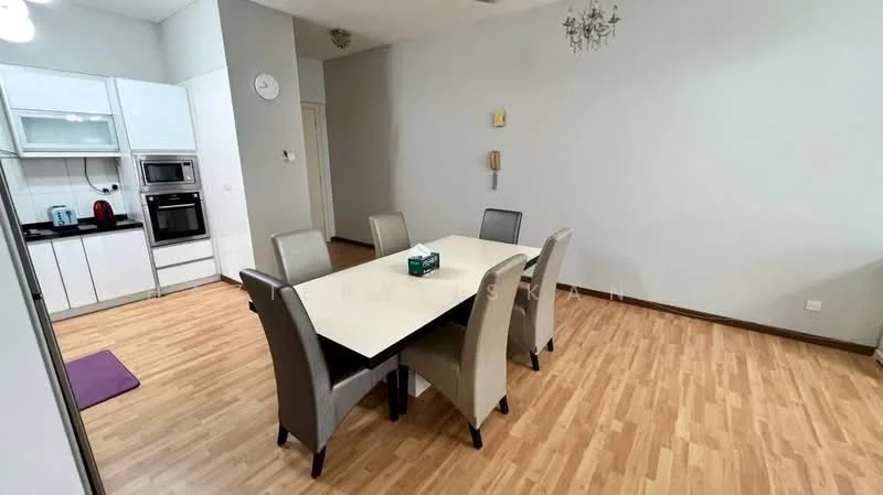 Dining features: light wood laminate flooring, white painted walls, dining table with six chairs, chandelier, wall clock, kitchen area with white cabinetry, built-in oven, microwave, stainless-steel fridge, countertop with backsplash, open layout to kitchen; style: modern.