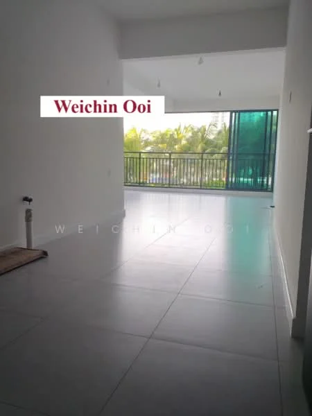 Room features: white painted walls, large floor tiles, sliding glass door, balcony access, natural light from windows, view of greenery, ceiling lights, open layout; style: modern; view: garden.