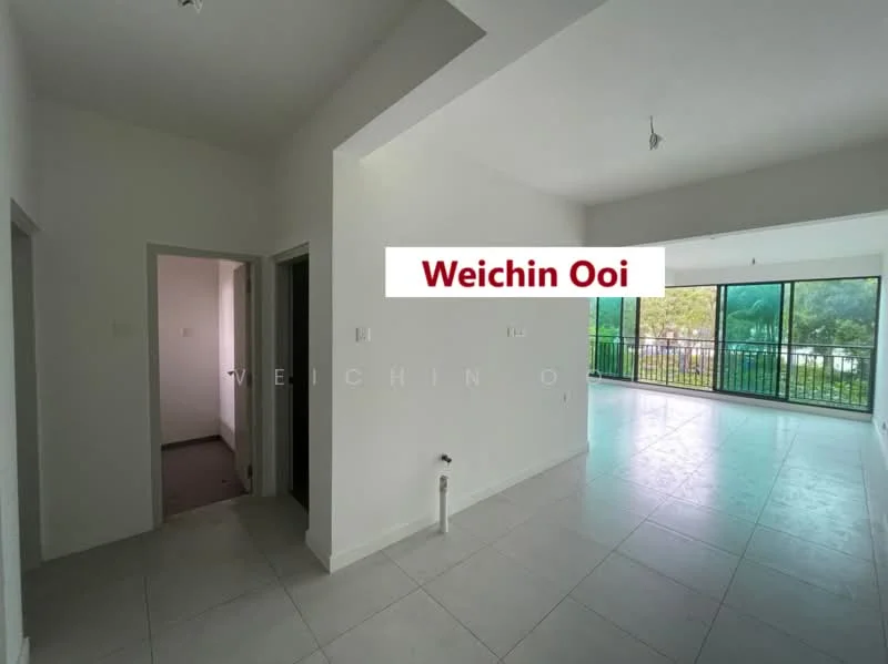 Room features: white painted walls, grey tile flooring, large windows, balcony access, open layout, ceiling lights, doorway to adjacent room, natural light; style: modern; view: garden.
