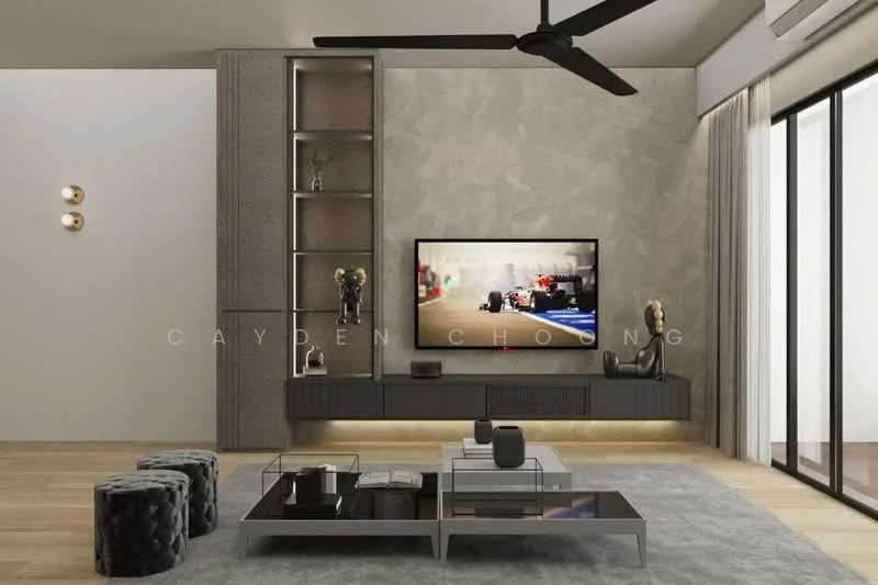 Living features: light wood flooring, textured wallpaper in light grey, wall-mounted TV, black entertainment unit, glass coffee table with black base, two round ottomans in black, 5-blade ceiling fan, floor-to-ceiling windows with sheer curtains, decorative sculptures on shelves, LED strip lighting under the entertainment unit; style: modern.