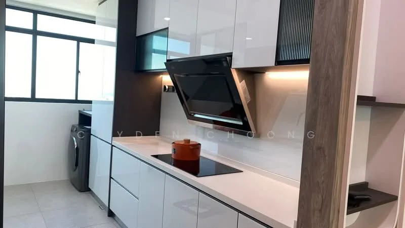 Kitchen features: white glossy cabinetry, black countertop, built-in oven, stainless-steel range hood, 4-burner induction hob, single-bowl stainless-steel sink, chrome pull-down faucet, grey tile flooring, washing machine, recessed LED downlights, floor-to-ceiling windows; style: modern; view: city.