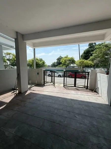 Exterior features: covered porch, sliding gate, concrete flooring, surrounded by greenery, street view, open space, fenced area; style: modern.