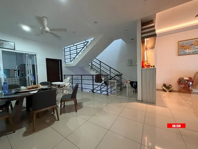 Living features: white painted walls, glossy tile flooring, 5-blade ceiling fan, dining table with chairs, staircase with metal railing, recessed downlights, decorative wall art, open layout, natural light from windows; style: modern.