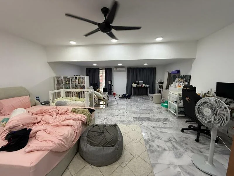 Bedroom features: king-size bed with pink bedding, marble flooring, 5-blade ceiling fan, floor-to-ceiling windows with curtains, light grey walls, built-in shelving unit, bean bag chair, desk with chair, air conditioning unit, decorative rug; style: modern.