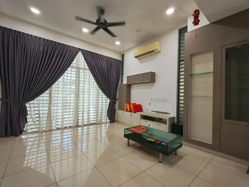 Living features: large floor-to-ceiling windows, grey curtains, white walls, cream ceiling, 5-blade ceiling fan, polished tile flooring, glass coffee table, built-in cabinetry, wall-mounted air conditioning unit, decorative wall shelf; style: modern.
