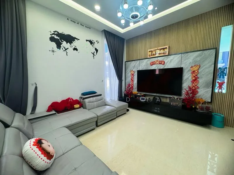 Living features: grey sectional sofa, large flat-screen TV, black TV console, decorative wall with map of the world, wood panel accent wall, recessed ceiling lights, chandelier with circular design, floor-to-ceiling windows with sheer curtains, decorative red ornaments, light-colored tile flooring; style: modern.