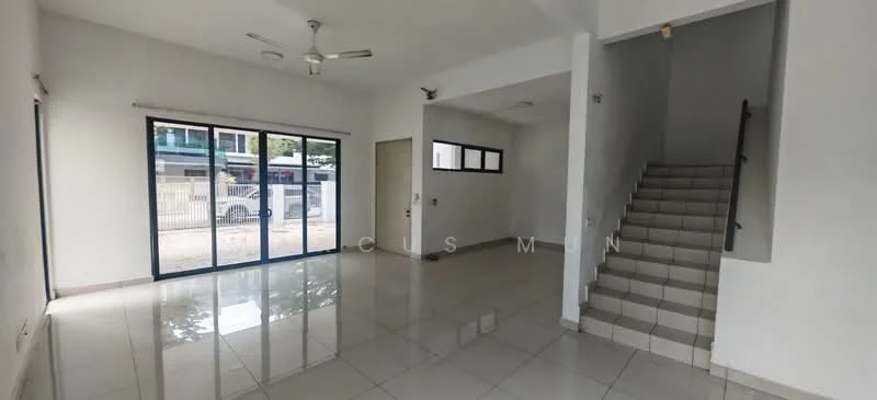 Living features: white painted walls, glossy ceramic tile flooring, 5-blade ceiling fan, floor-to-ceiling windows, sliding glass door, natural light from windows, staircase leading to upper floor, neutral color scheme; style: modern; view: street.