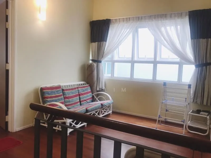 Living features: wooden flooring, light yellow painted walls, floor-to-ceiling windows, sheer curtains, striped fabric sofa, white rattan chairs, clothes drying rack, decorative area rug; style: modern.