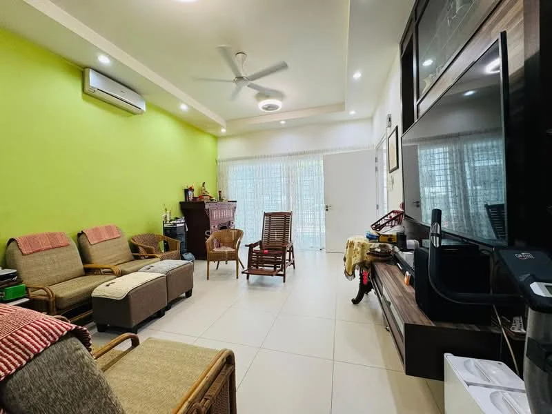 Living features: green painted walls, white ceiling with recessed lighting, 5-blade ceiling fan, large window with sheer curtains, wall-mounted TV, wooden TV console, two rattan armchairs, two-seater rattan sofa, coffee table, decorative items on console; style: modern.