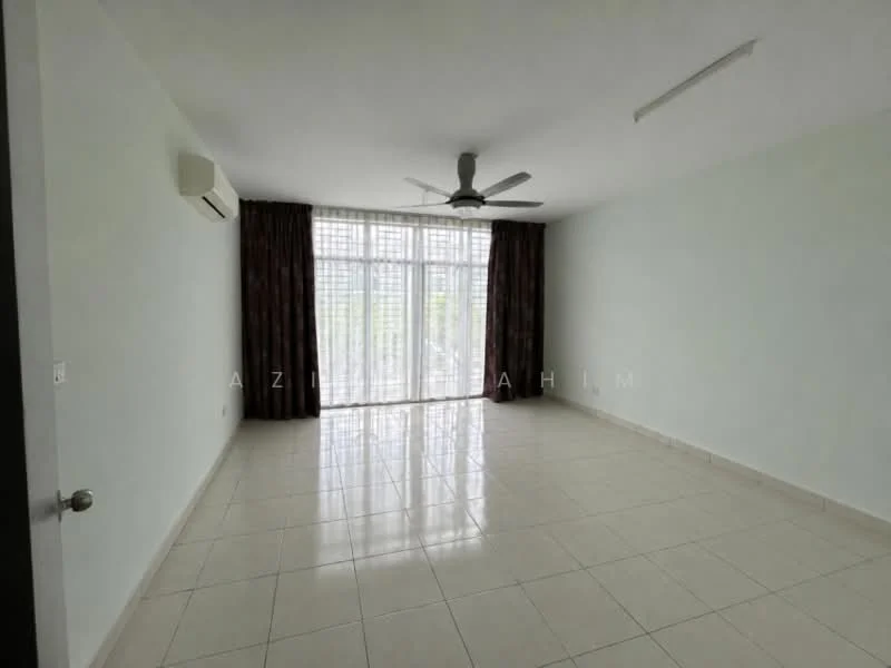 Living features: white painted walls, glossy tile flooring, 5-blade ceiling fan with light, floor-to-ceiling windows, sheer curtains, dark brown curtains, air conditioning unit, natural light from windows; style: modern; view: garden.