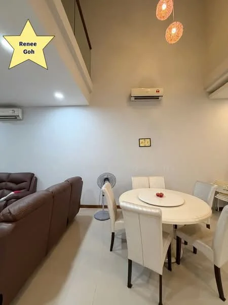 Living features: light grey painted walls, white ceiling, recessed downlights, 5-blade ceiling fan, air conditioning unit, brown leather sofa, round white dining table, 4 white upholstered dining chairs, decorative wall art, flooring with light tiles; style: modern.