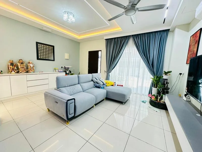 Living features: grey fabric L-shape sectional sofa, white TV console, wall-mounted TV, recessed downlights, ceiling fan, sliding glass door, floor-to-ceiling curtains, white tiled flooring, decorative plants, framed artwork, decorative wall clock, crown moulding, accent wall with artwork; style: modern; view: city.