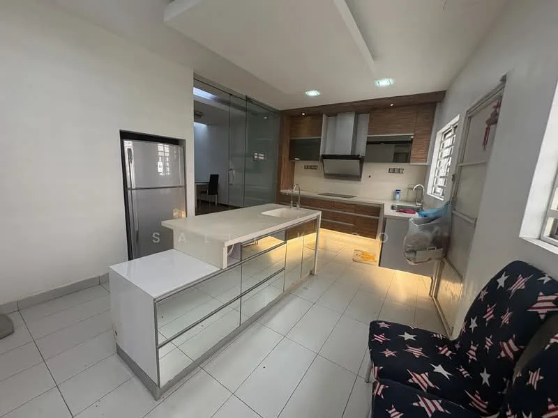 Kitchen features: white marble countertop, glass-front cabinetry, stainless-steel fridge, built-in oven, 4-burner gas hob, stainless-steel range hood, double-bowl stainless-steel sink, pendant lighting, tile flooring, wall-mounted cabinets, open shelving, seating area with fabric sofa, window with natural light; style: modern.
