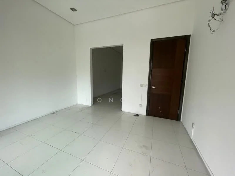 Room features: white painted walls, tile flooring, recessed ceiling lights, single wooden door, door frame, visible electrical outlets, empty space, no visible furniture.