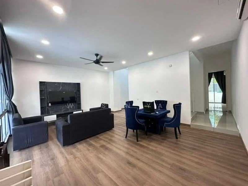 Living features: 3-seater fabric sofa in dark grey, 2-seater fabric sofa in dark grey, black TV console, wall-mounted TV, ceiling fan, recessed downlights, large windows with sheer curtains, wooden flooring, decorative wall with dark stone finish; style: modern. Dining features: round dining table, 4 upholstered dining chairs in blue, ceiling fan, recessed downlights, wooden flooring; style: modern.