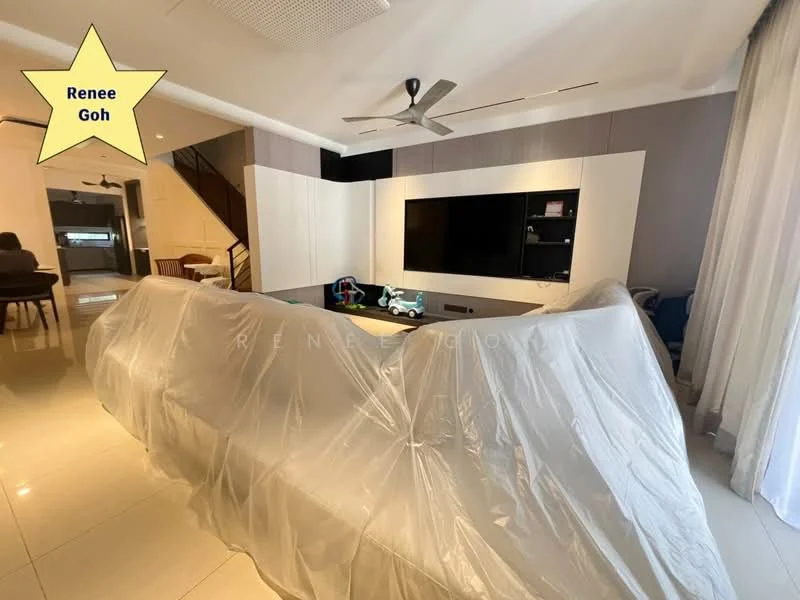 Living features: white painted walls, cream tiled flooring, 5-blade ceiling fan, wall-mounted TV, built-in cabinetry, large sectional sofa covered with plastic, recessed lighting, sliding glass door, curtains, decorative wall paneling; style: modern.