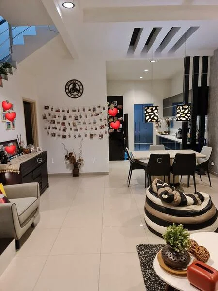 Living features: white painted walls, grey accent wall, polished tile flooring, recessed downlights, 2-blade ceiling fan, sofa with colorful cushions, coffee table with decorative items, area rug with geometric pattern, wall-mounted decor, decorative plants, dining table with black chairs, open-plan layout to kitchen; style: modern. Dining features: dining table with black chairs, pendant lighting above dining table; style: modern.