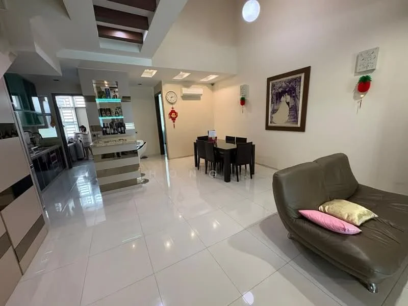 Living features: white painted walls, glossy white tile flooring, recessed downlights, sofa in brown leather, decorative pillow in pink, framed artwork on wall, dining table with four chairs, open layout to kitchen, air conditioning unit on wall, ceiling with skylight; style: modern. Kitchen features: kitchen island, built-in cabinetry, stainless-steel appliances, open shelving, countertop with bar stools; style: modern.