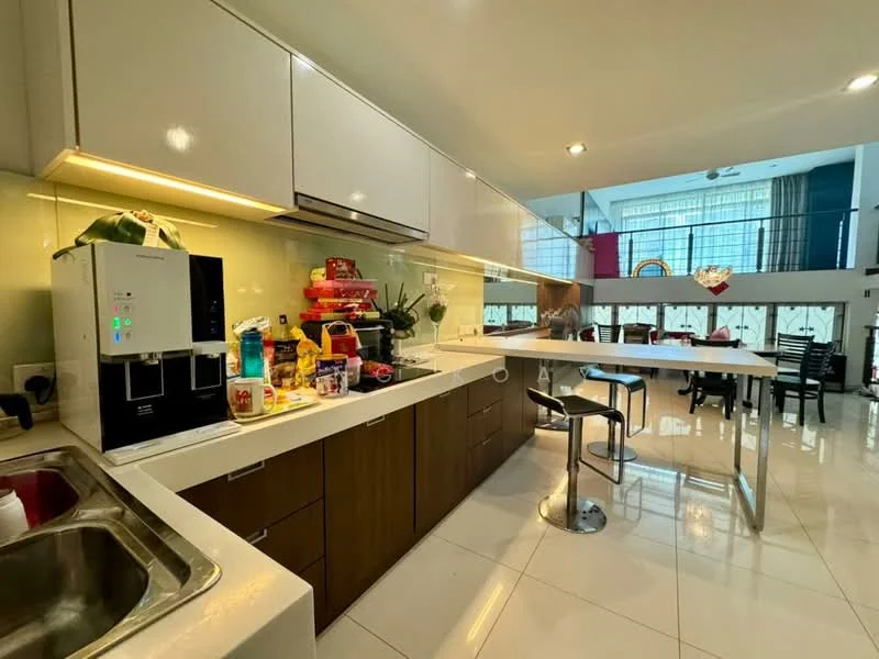 Kitchen features: white glossy cabinetry, brown wooden cabinetry, marble countertop, stainless-steel sink, chrome pull-down faucet, built-in oven, stainless-steel refrigerator, bar stool seating, open layout, recessed LED downlights, backlit glass backsplash, high ceiling, floor-to-ceiling windows, view of dining area; style: modern.