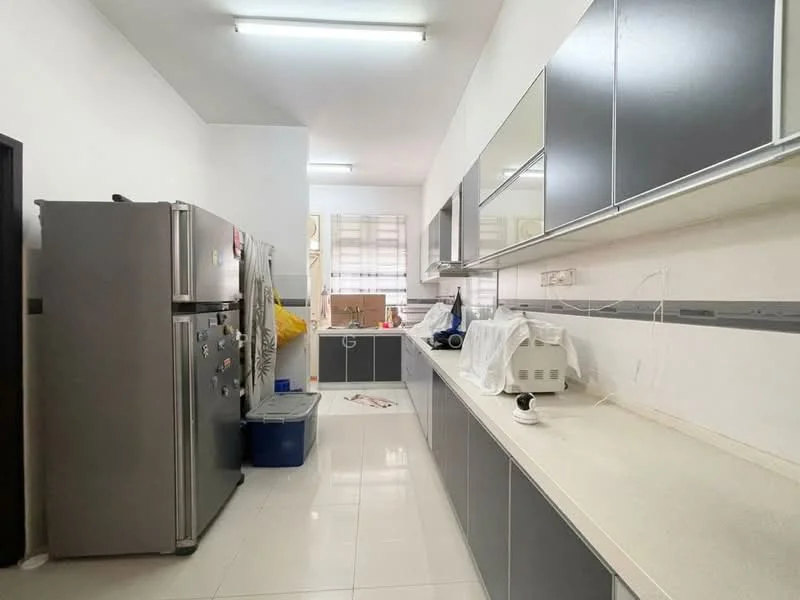 Kitchen features: grey cabinetry, white countertop, stainless-steel fridge, double-bowl stainless-steel sink, chrome pull-down faucet, built-in oven, ceramic tile flooring, recessed downlights, window with sheer curtains, kitchen island, wall-mounted cabinets, open shelving; style: modern.