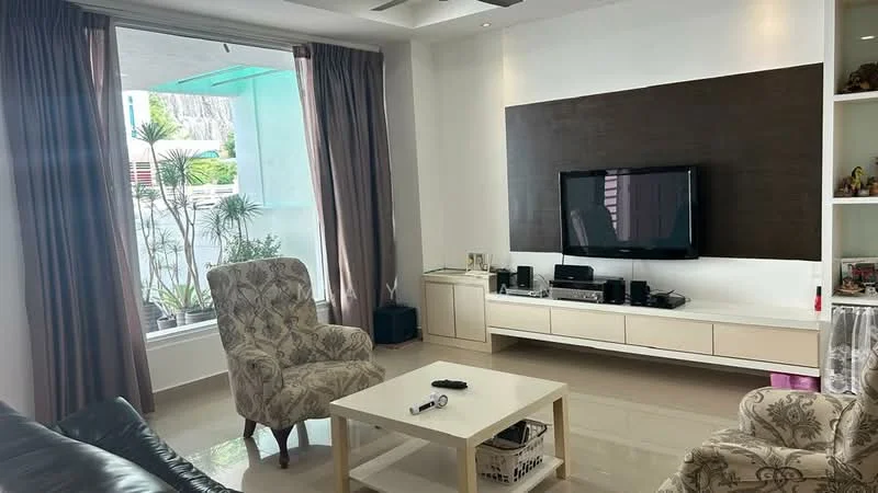 Living features: light grey walls, white ceiling with recessed downlights, large window with sheer curtains, dark wood feature wall, flat-panel TV mounted on wall, white media console, beige patterned armchair, black leather sofa, white coffee table, decorative items on media console, tile flooring; style: modern; view: garden.