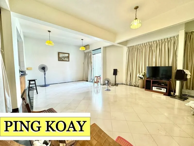 Living features: white painted walls, marble tile flooring, recessed downlights, 2 pendant lamps, floor-to-ceiling curtains, wall-mounted TV, freestanding TV cabinet, ceiling fan, decorative plant, wooden chair, stool, fan; style: modern.