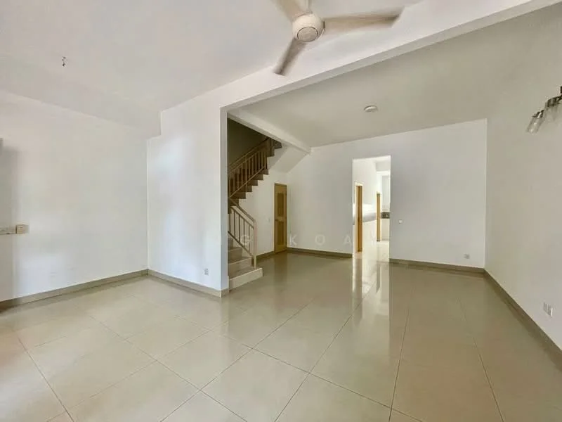 Living features: white painted walls, cream tiled flooring, ceiling fan, staircase with wooden railing, recessed lighting, large windows for natural light, open layout, neutral color scheme; style: modern.