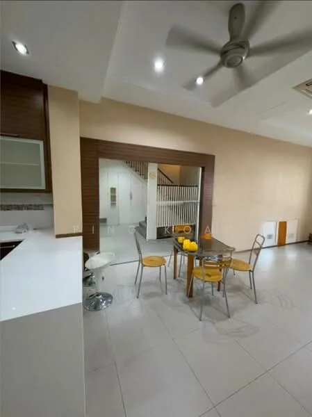 Dining features: white quartz countertop, stainless-steel bar stools, 4-seater dining table, yellow upholstered dining chairs, light grey tiled flooring, cream painted walls, ceiling fan with light, open layout to kitchen, wooden feature wall, recessed lighting; style: modern. Room features: staircase leading to upper floor, white railing, light from upper floor.