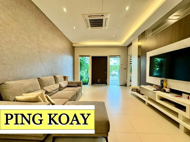 Living features: 3-seater fabric sofa in beige, wall-mounted TV, TV console with storage, recessed downlights, cream tiled flooring, decorative wall with textured finish, air conditioning unit, large entrance door, greenery visible through the door, decorative items on console; style: modern; view: garden.