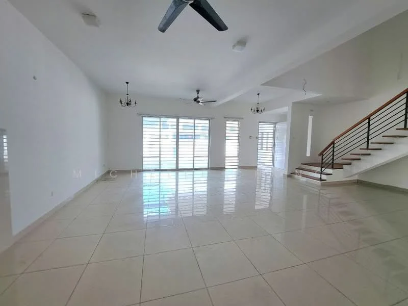 Living features: white painted walls, polished ceramic tile flooring, 5-blade ceiling fan, 2 chandeliers, floor-to-ceiling windows, sliding glass doors, staircase with wooden steps and metal railing, recessed downlights; style: modern.