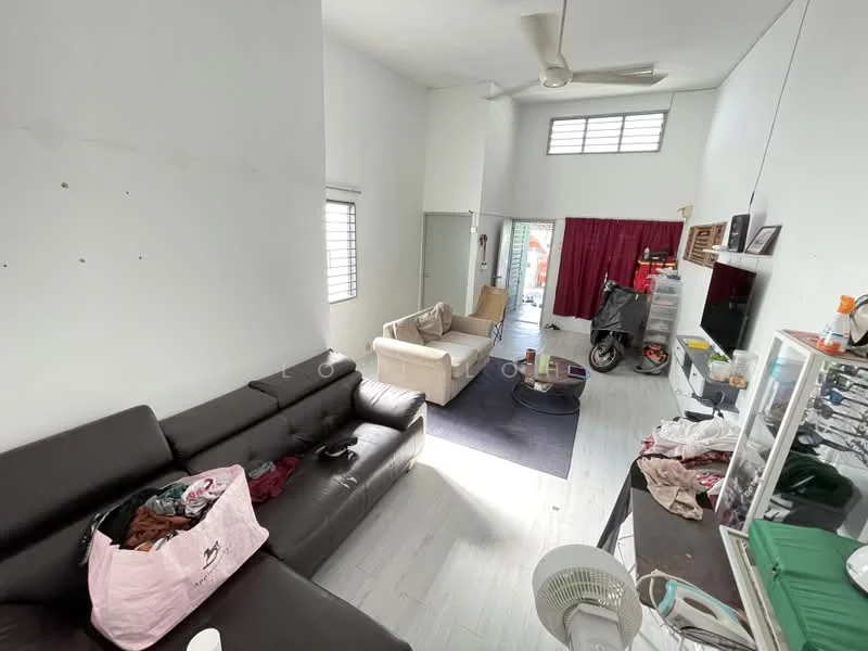 Living features: black leather sectional sofa, cream fabric sofa, area rug, wall-mounted TV, ceiling fan, white painted walls, laminate flooring, large windows, curtains, decorative items on shelves, motorcycle parked, coffee table; style: modern.