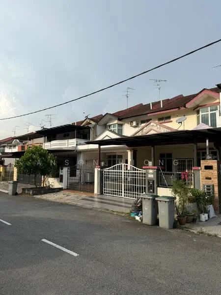 Exterior type: linked terrace house; features: two-storey linked terrace houses, red tiled roof, white painted facade, metal gate at entrance, front porch with car access, visible antennas on rooftops, manicured front gardens, paved walkway, street view with road, surrounded by residential area; style: modern.