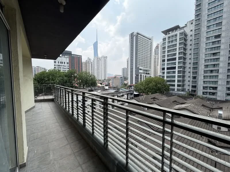 Room features: balcony with railing, grey tiled flooring, city skyline view, surrounded by high-rise buildings; style: modern; view: city.