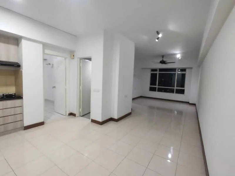 Living features: white painted walls, glossy tile flooring, ceiling fan, recessed downlights, large window with city view, open layout, neutral color scheme, corner for kitchen area; style: modern; view: city. Room features: white painted walls, glossy tile flooring, doorway leading to bathroom, doorway leading to bedroom.
